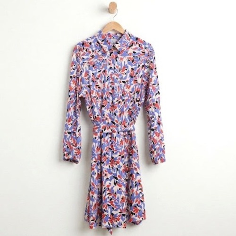 Well Worn XXL Blue Red Abstract Floral Viscose Long Sleeve Belted Shirt Dress